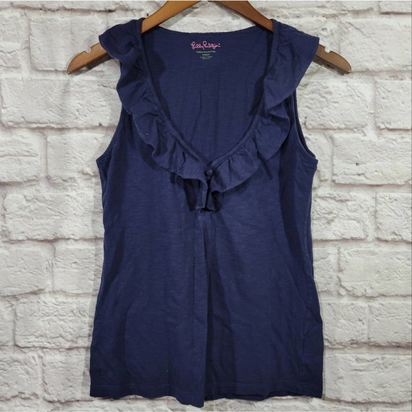 Lilly Pulitzer Tops - Lily Pulitzer Heathered Navy Blue Ruffle V  Neck Tank Top